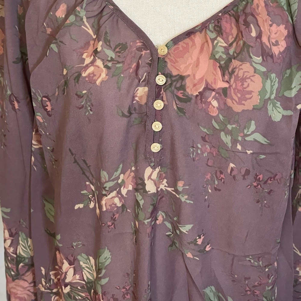 Chaps Ralph Lauren floral Blouse purple green cream sz 1X V Neck quarter sleeve - Picture 6 of 16